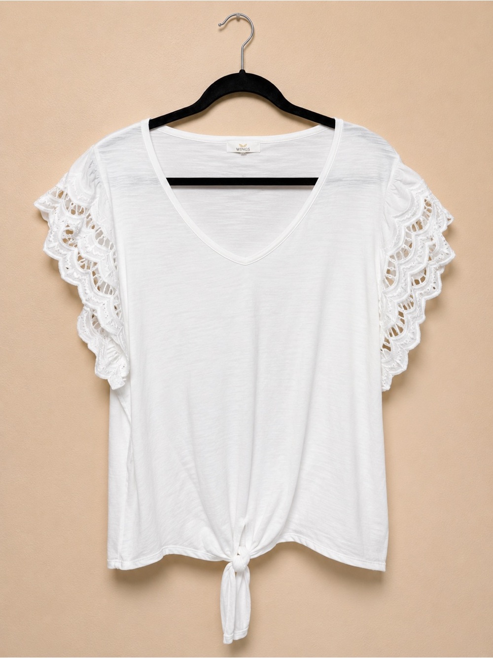 Maurices White V-Neck Tie-Front Top with Lace Flutter Sleeves